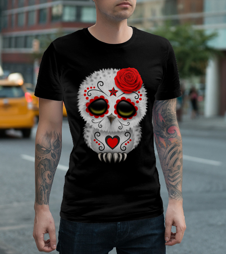 Adorable Red Day Of The Dead Owl With Sugar Skull Design And Heart Motif T-Shirt