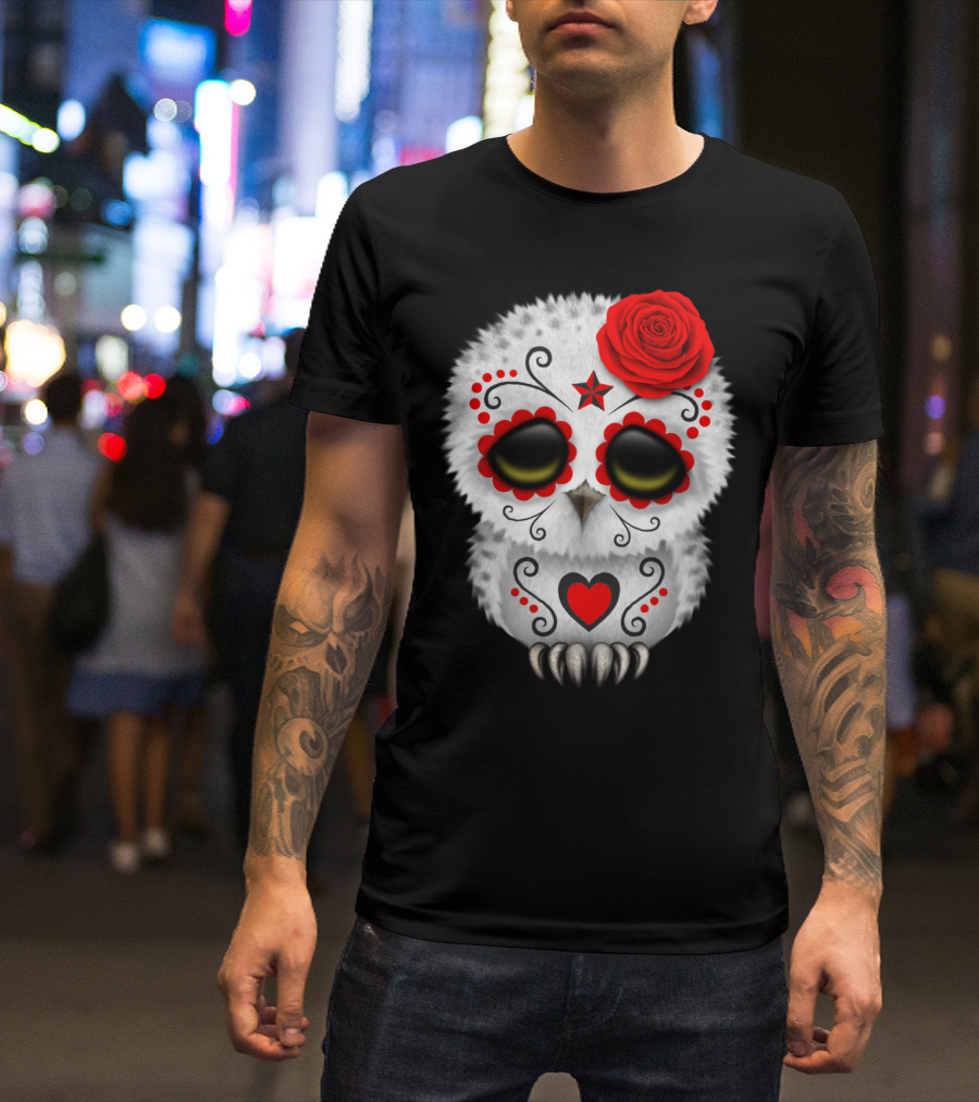 Adorable Red Day Of The Dead Owl With Sugar Skull Design And Heart Motif T-Shirt