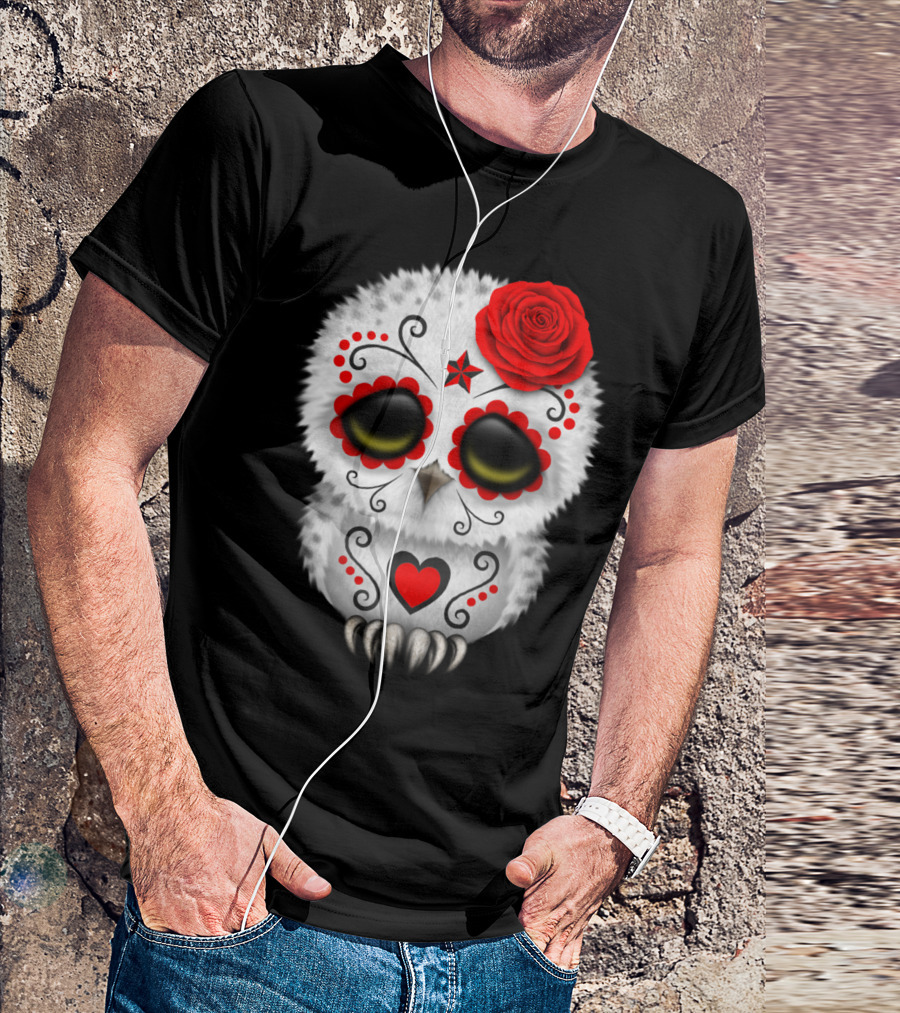 Adorable Red Day Of The Dead Owl With Sugar Skull Design And Heart Motif T-Shirt