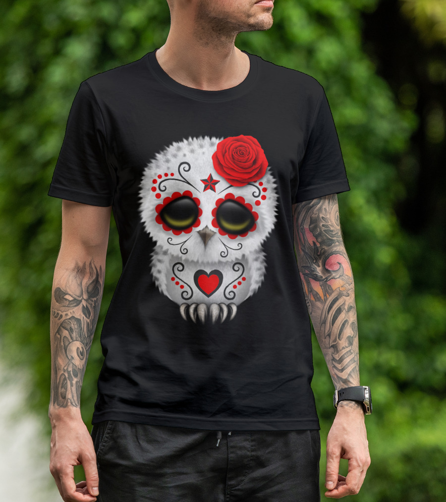 Adorable Red Day Of The Dead Owl With Sugar Skull Design And Heart Motif T-Shirt