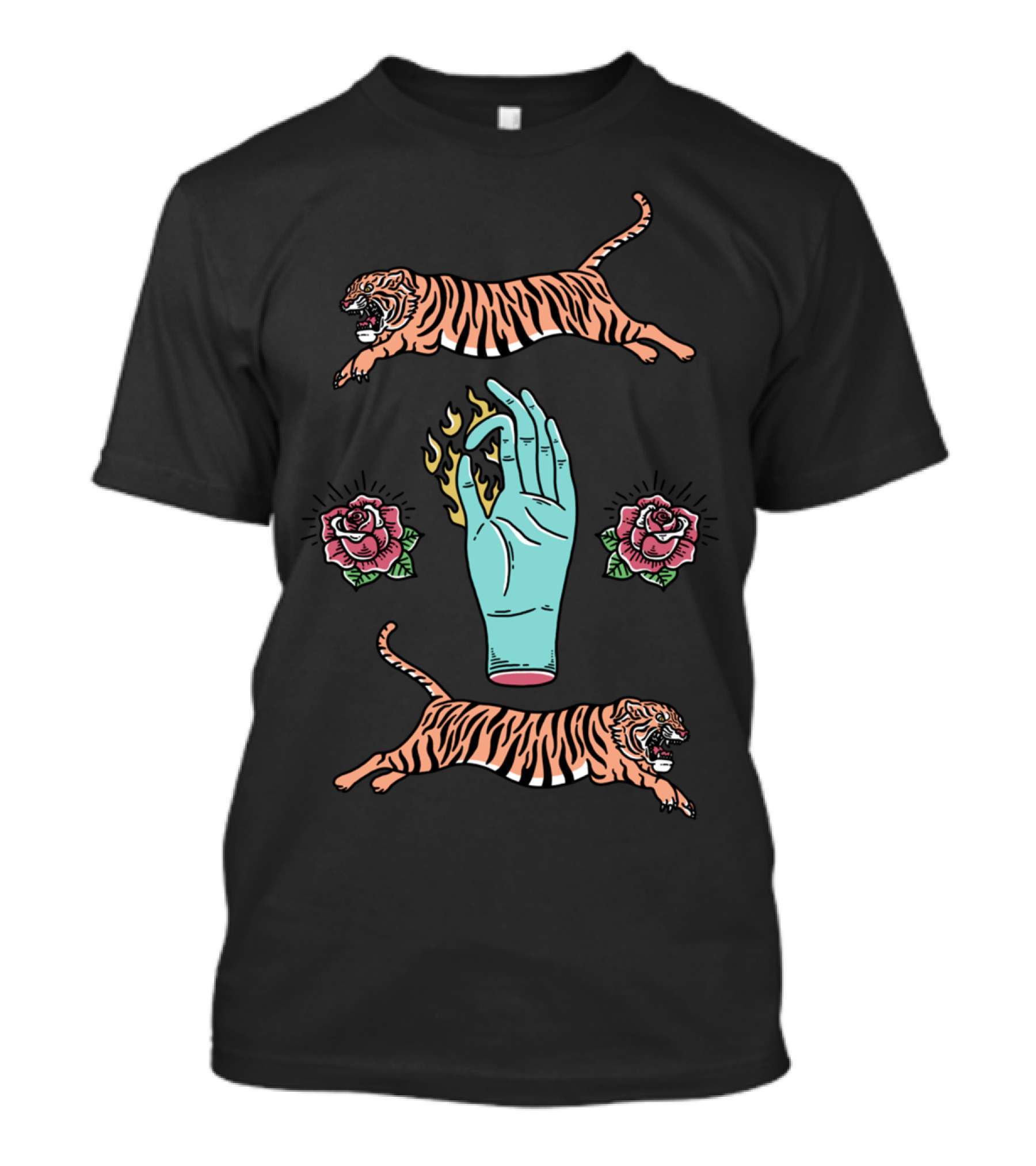 Fire Hoop Hand Flame With Tigers And Roses T-Shirt