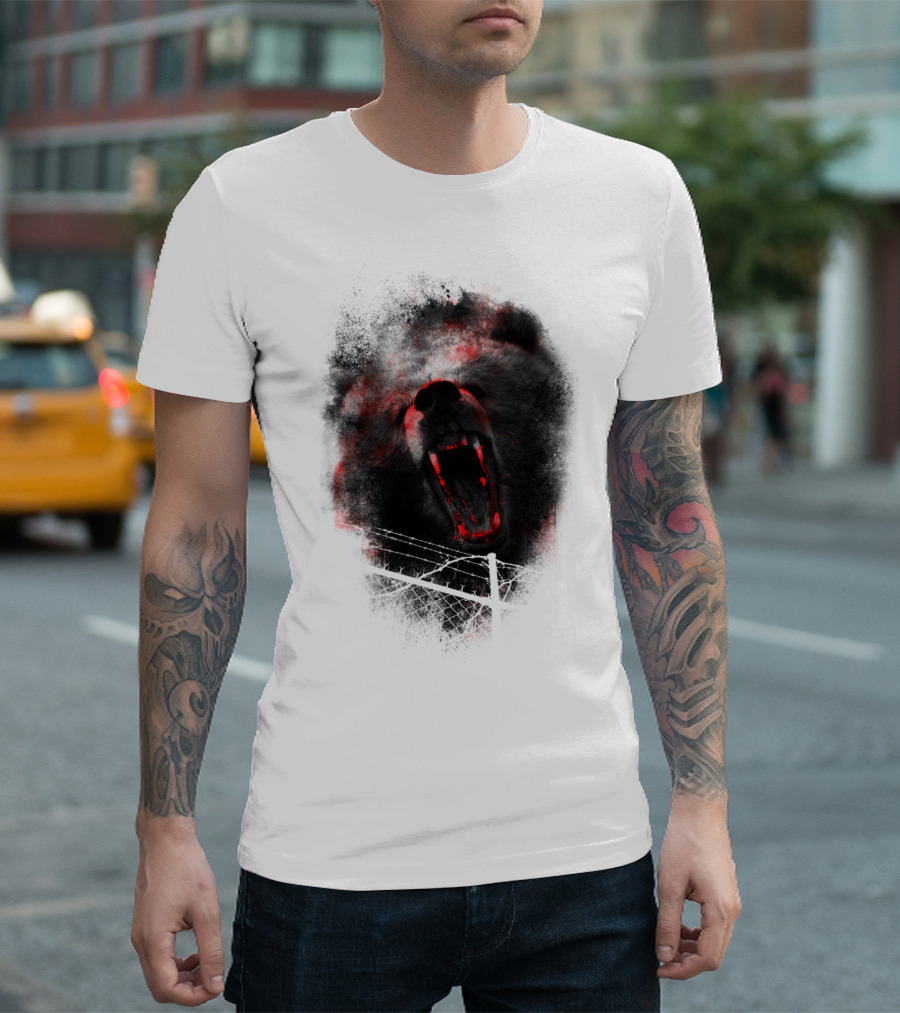 Out Of Order Red-Eyed Roaring Bear with Barbed Wire Fence T-Shirt