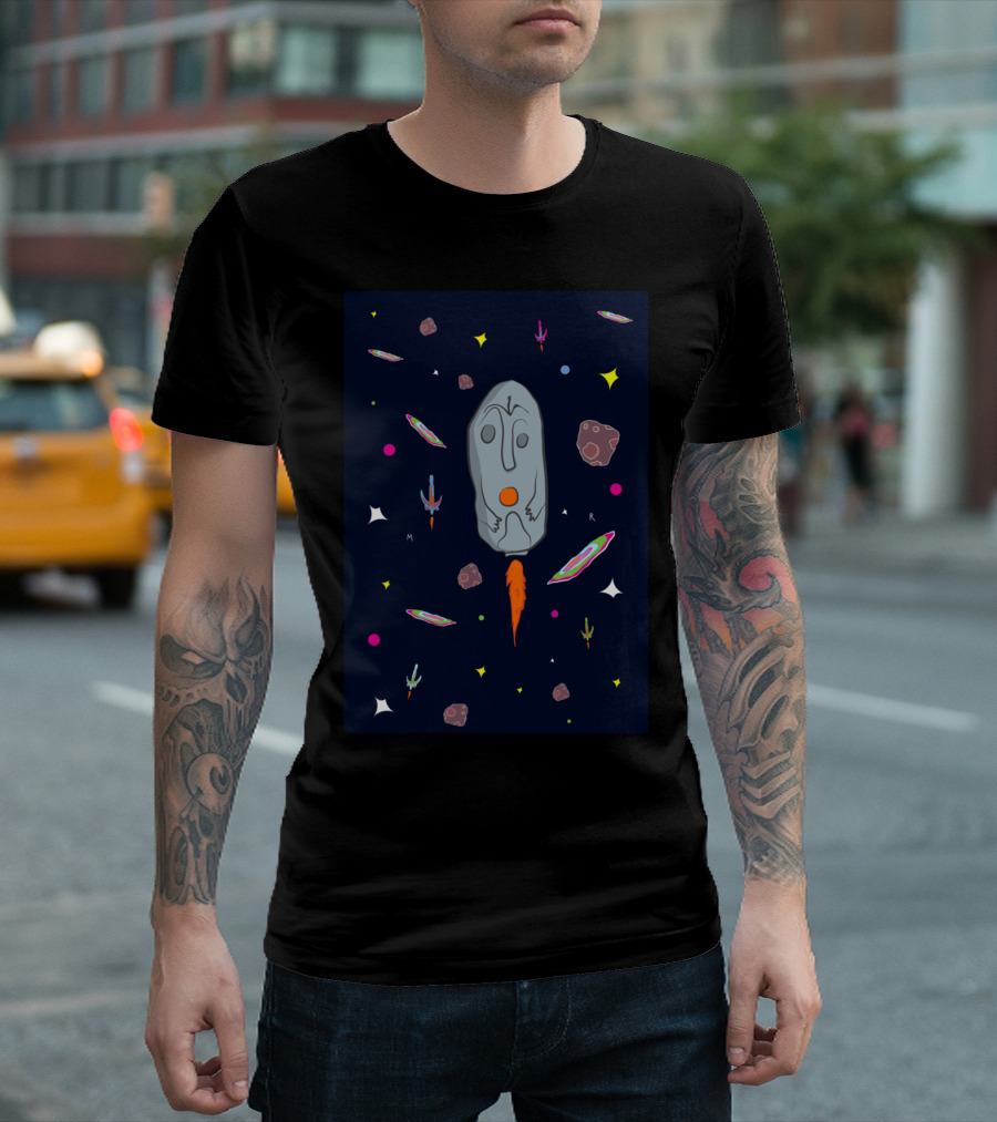 Megalith Rocket Cosmic Adventure with Moai Spaceship and Galactic Elements T-Shirt
