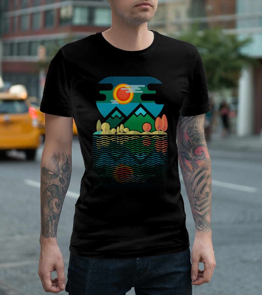 Mountains Reflection On The Beach Vibrant Sunset Over Waves And Trees T-Shirt