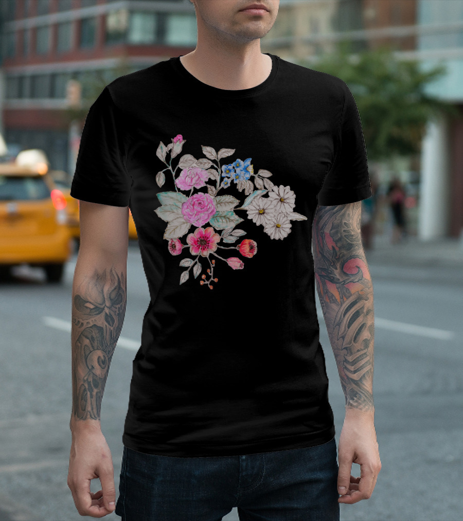 Cute Watercolor Hand Paint Floral Bouquet Roses Poppies Blossoms T-Shirt