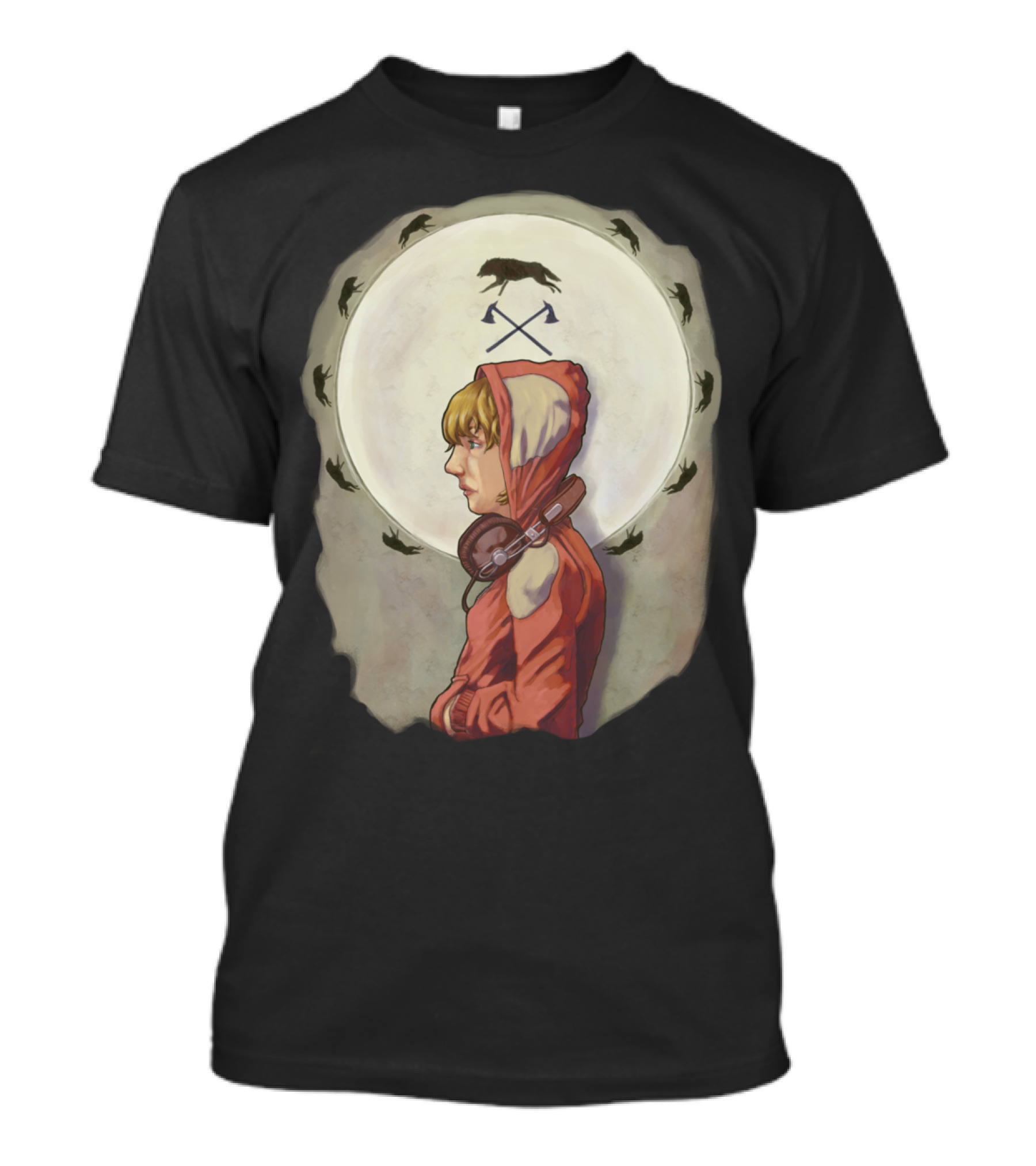 Red Hooded Figure With Headphones And Crows Circle T-Shirt