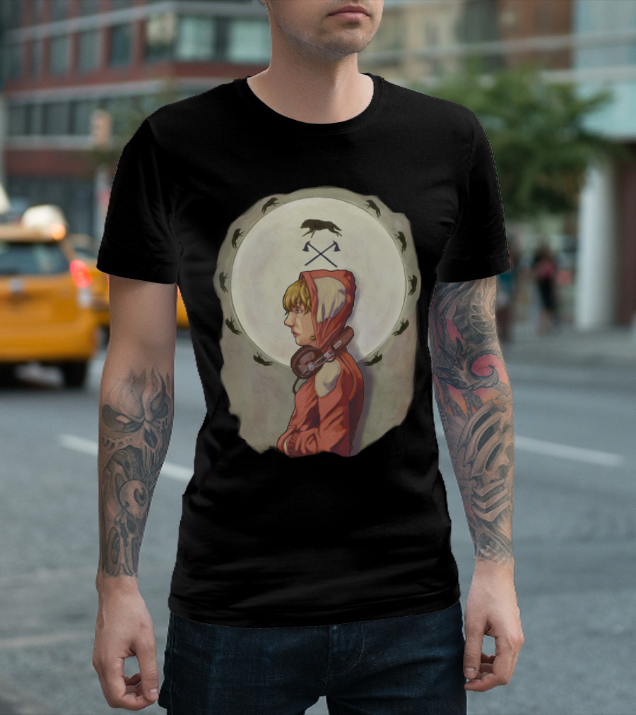 Red Hooded Figure With Headphones And Crows Circle T-Shirt