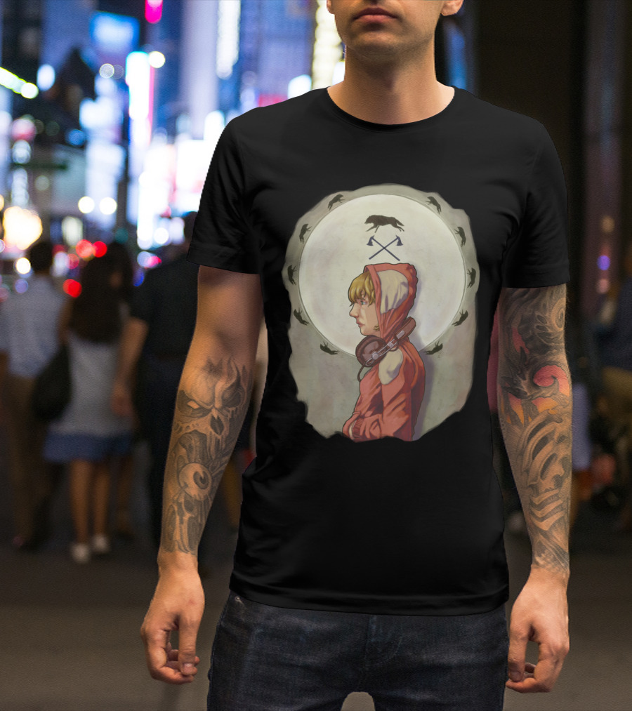 Red Hooded Figure With Headphones And Crows Circle T-Shirt