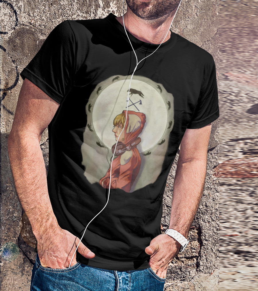 Red Hooded Figure With Headphones And Crows Circle T-Shirt