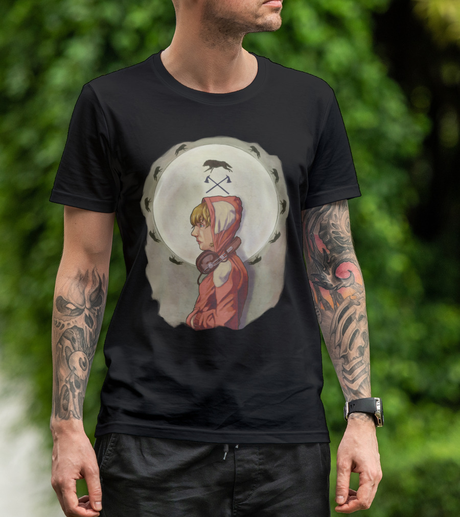Red Hooded Figure With Headphones And Crows Circle T-Shirt