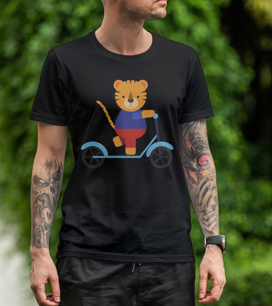 Tiger Rides Blue Scooter In Cartoon T-Shirt