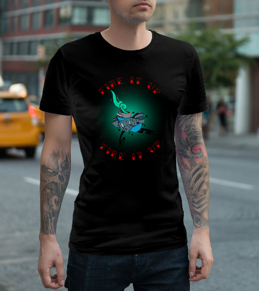 FIRE IT UP Racing Cartoon Character with Flames and Stars T-Shirt