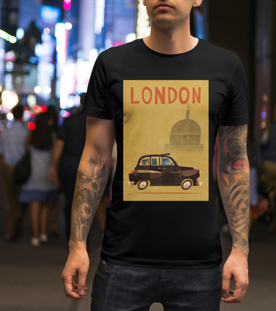 London Classic Black Cab With Iconic Architecture In Background T-Shirt