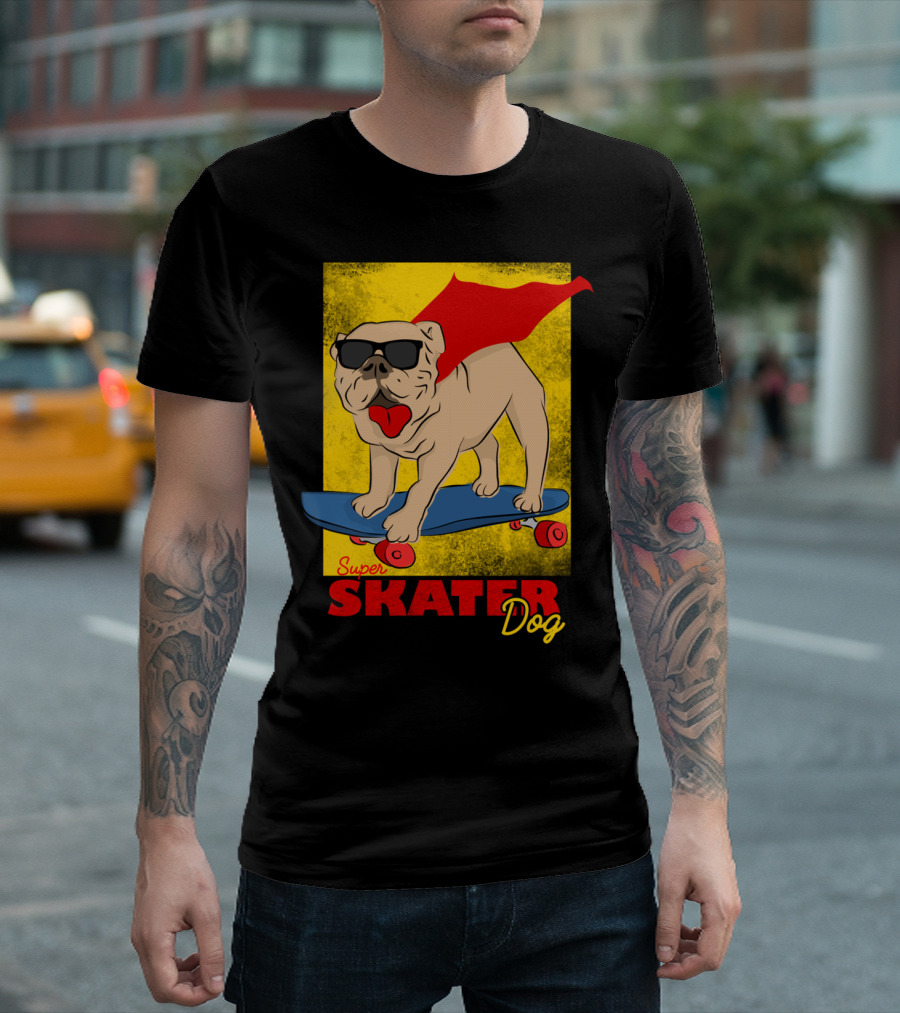 Super Skater Dog with Cape and Sunglasses Skateboarding T-Shirt