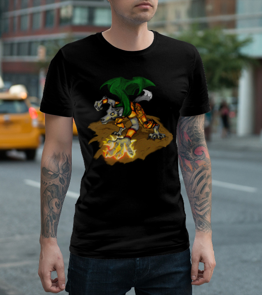 Fire Mage JimClass Wolf Creature with Flaming Paw and Green Cape T-Shirt