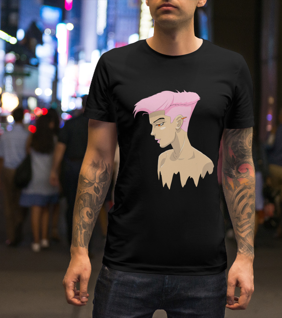 Melting Jin Lee Animated Profile With Pink Hair And Orange Pencil T-Shirt