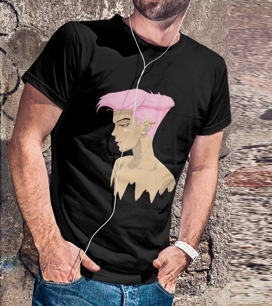 Melting Jin Lee Animated Profile With Pink Hair And Orange Pencil T-Shirt
