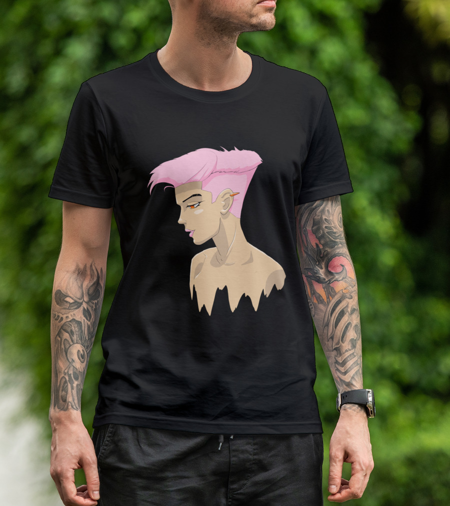 Melting Jin Lee Animated Profile With Pink Hair And Orange Pencil T-Shirt