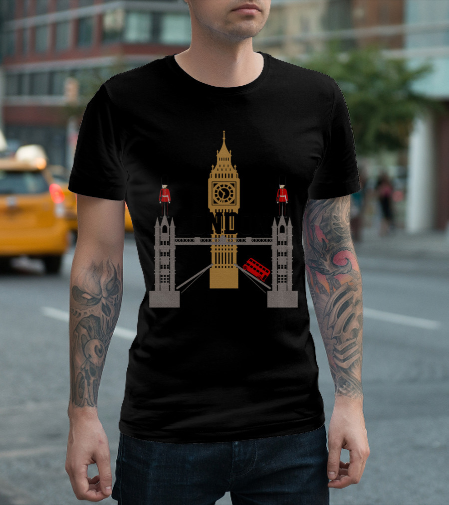 London City Big Ben Tower Bridge Guards Red Bus T-Shirt