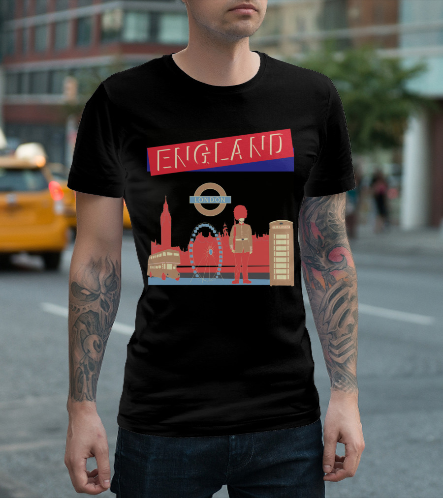 ENGLAND LONDON Big Ben Ferris Wheel Guard Bus Telephone Box Circle T-Shirt