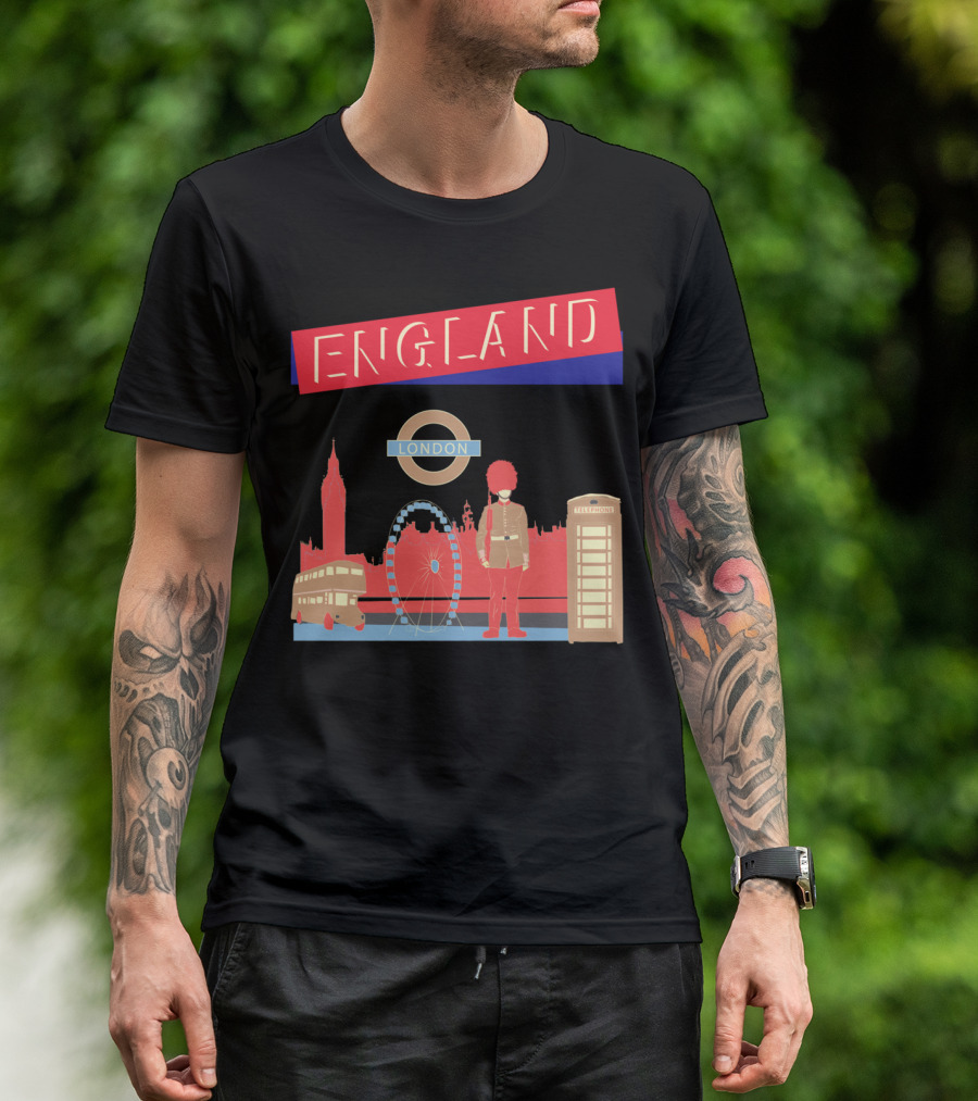 ENGLAND LONDON Big Ben Ferris Wheel Guard Bus Telephone Box Circle T-Shirt