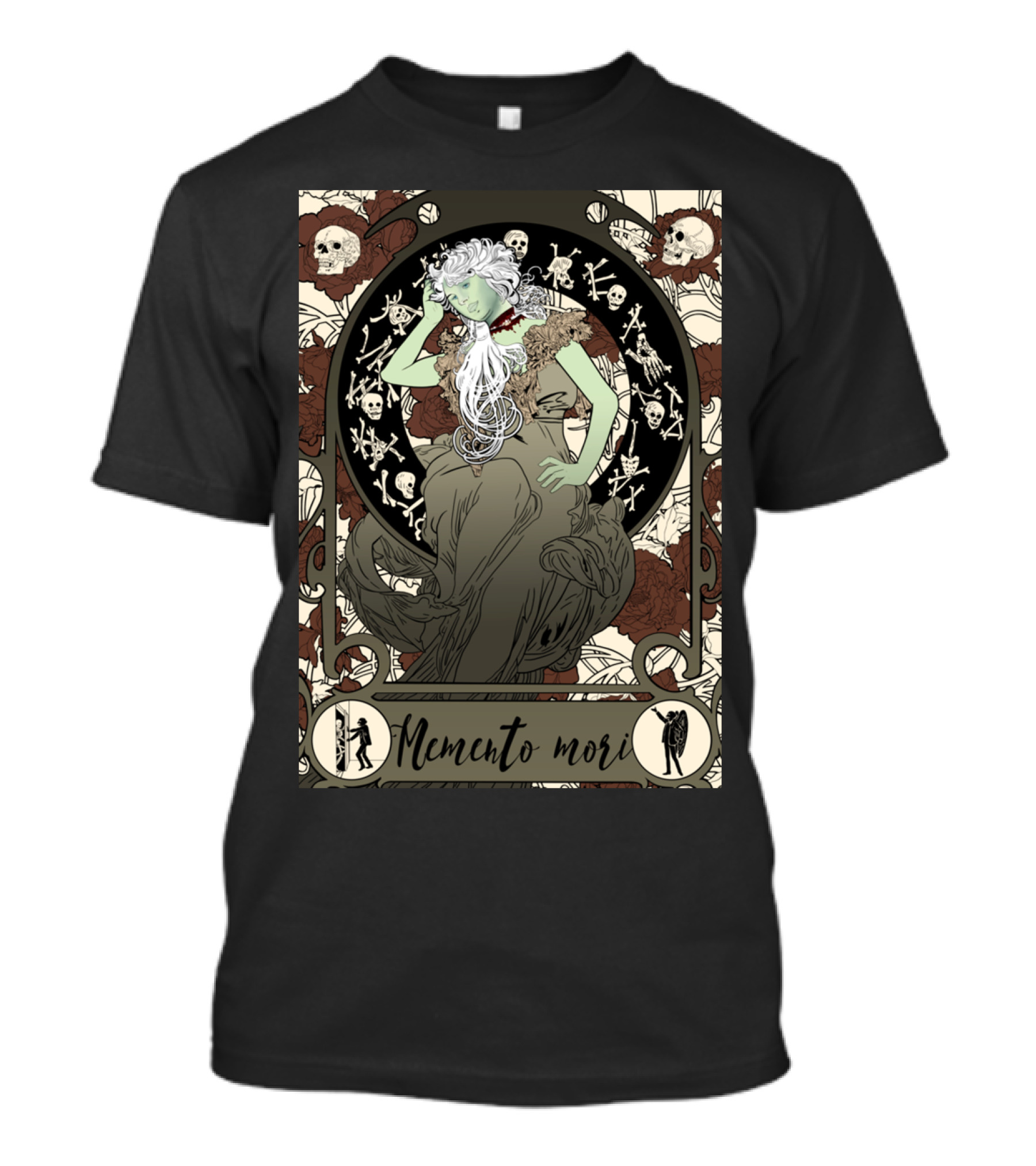 Memento Mori Skull Flower Lady With Skeletons And Floral Background T-Shirt