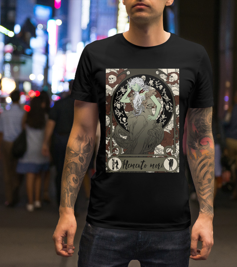 Memento Mori Skull Flower Lady With Skeletons And Floral Background T-Shirt