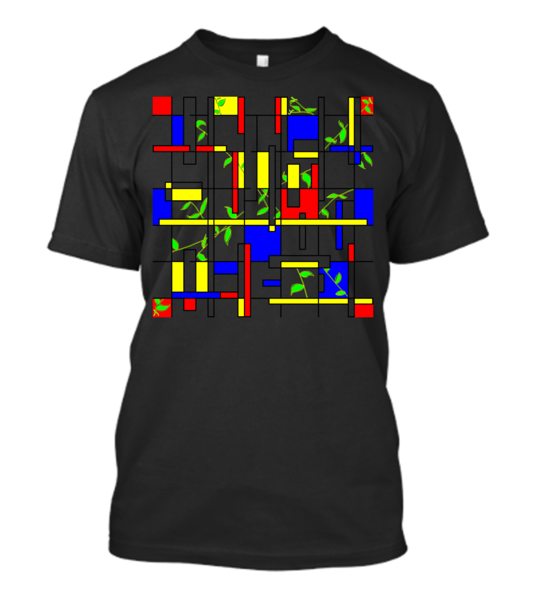 Red Yellow Blue And Ivy Mondrian Style Abstract With Green Leaves T-Shirt