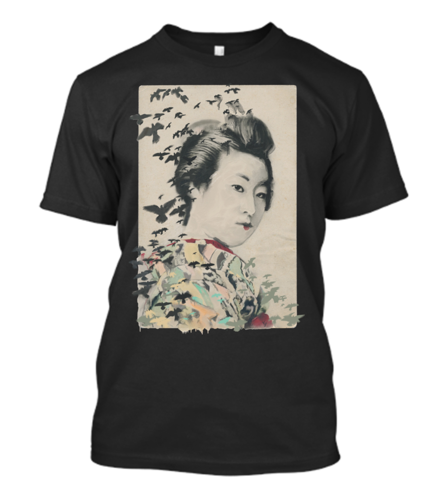 She Birdy Geisha With Flock Of Birds T-Shirt
