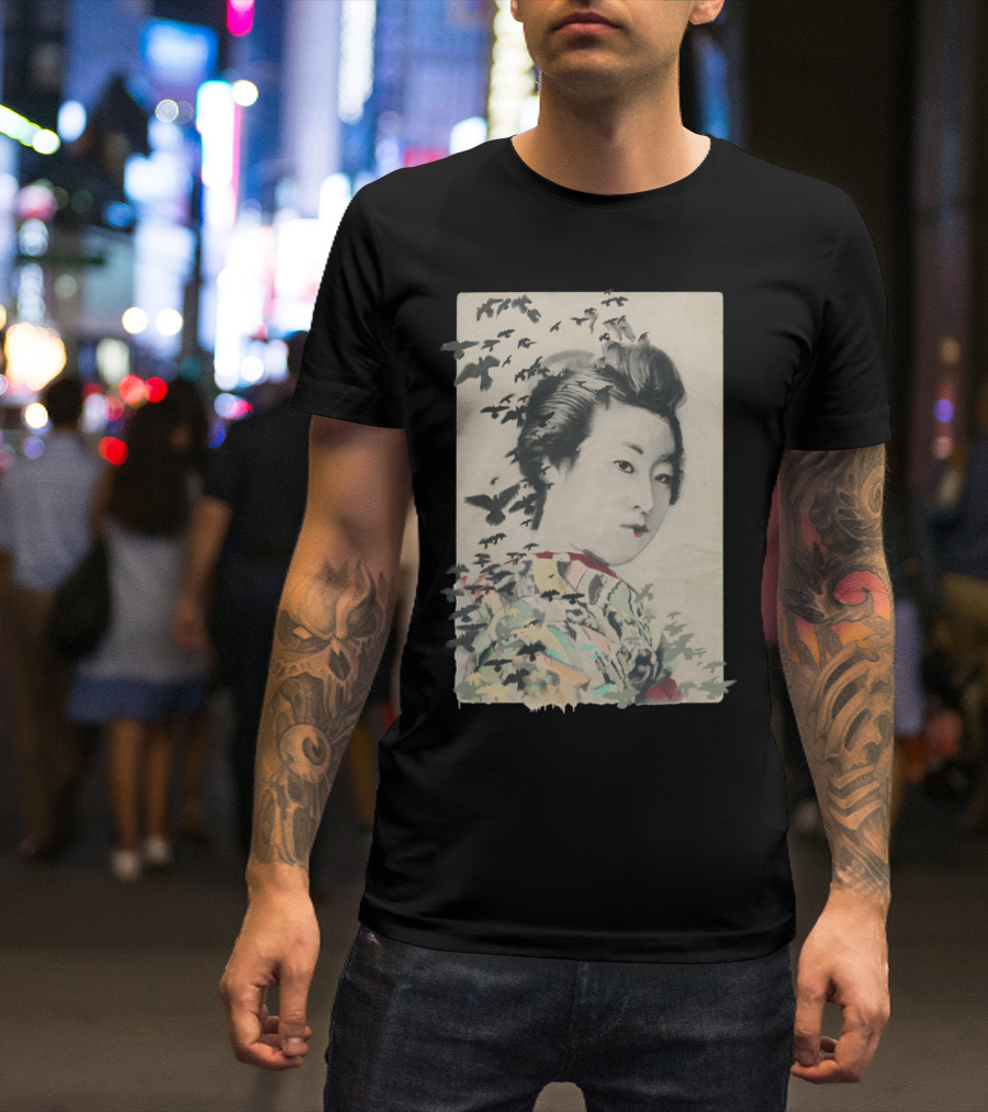 She Birdy Geisha With Flock Of Birds T-Shirt