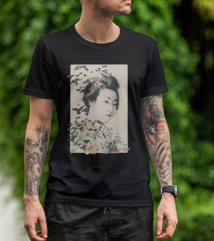 She Birdy Geisha With Flock Of Birds T-Shirt