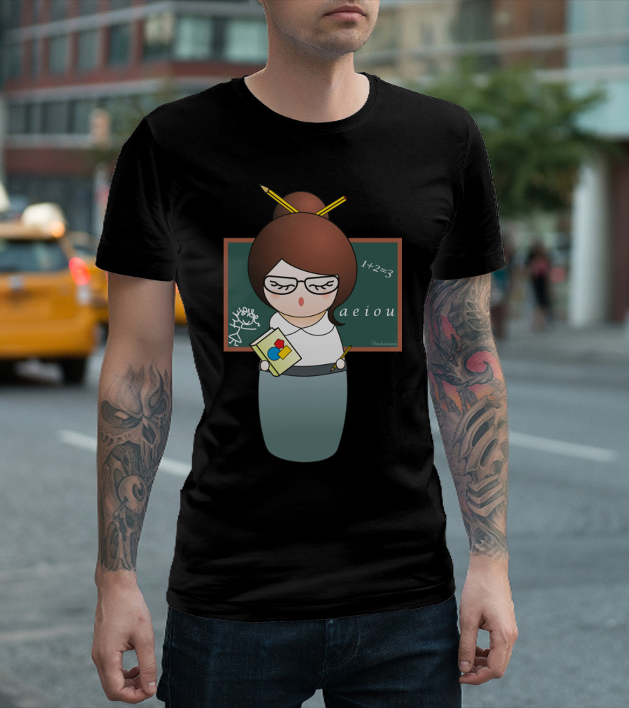 Kokeshi Teacher Chalkboard Math AEIOU Sketch T-Shirt