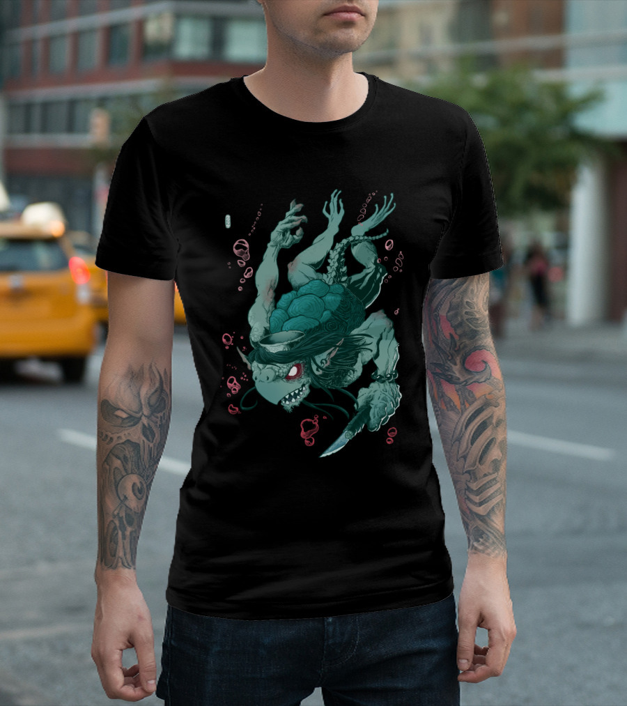 Komahiki Mythical Creature Underwater with Knife and Fin-Like Appendages T-Shirt