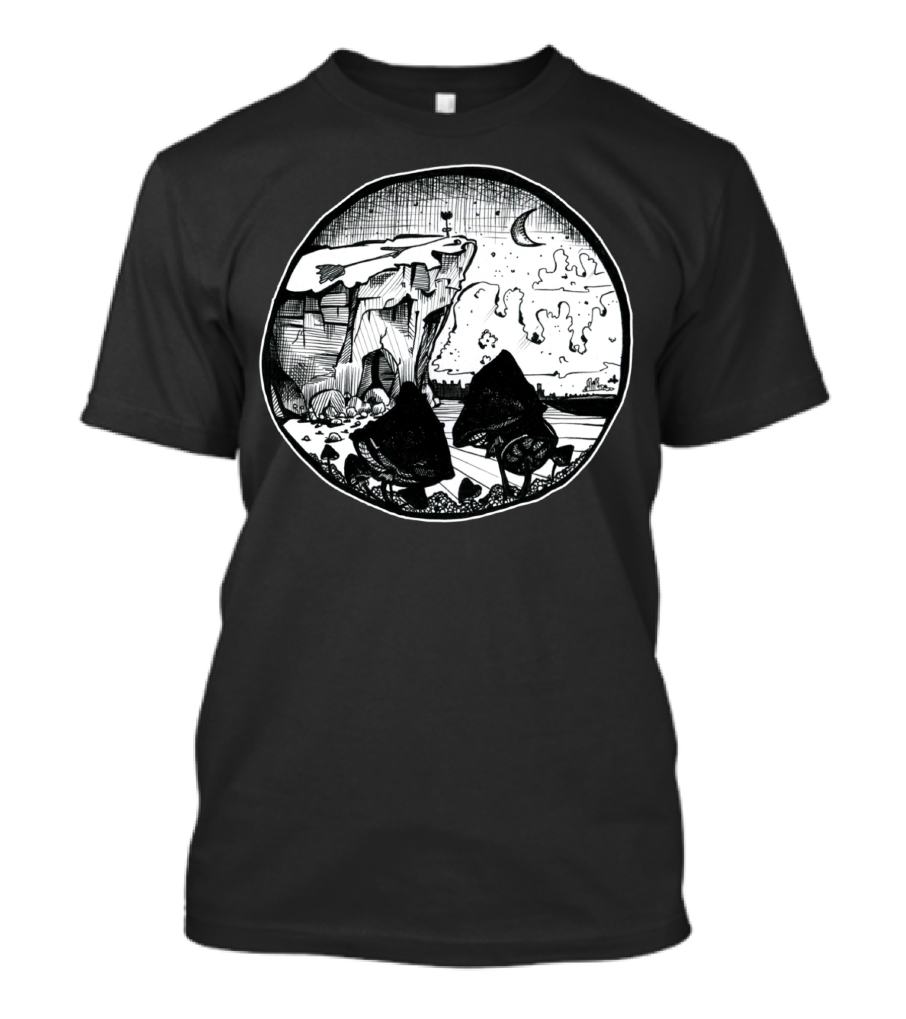 Night Sky And Mushrooms Under Moonlit Cliff T-Shirt