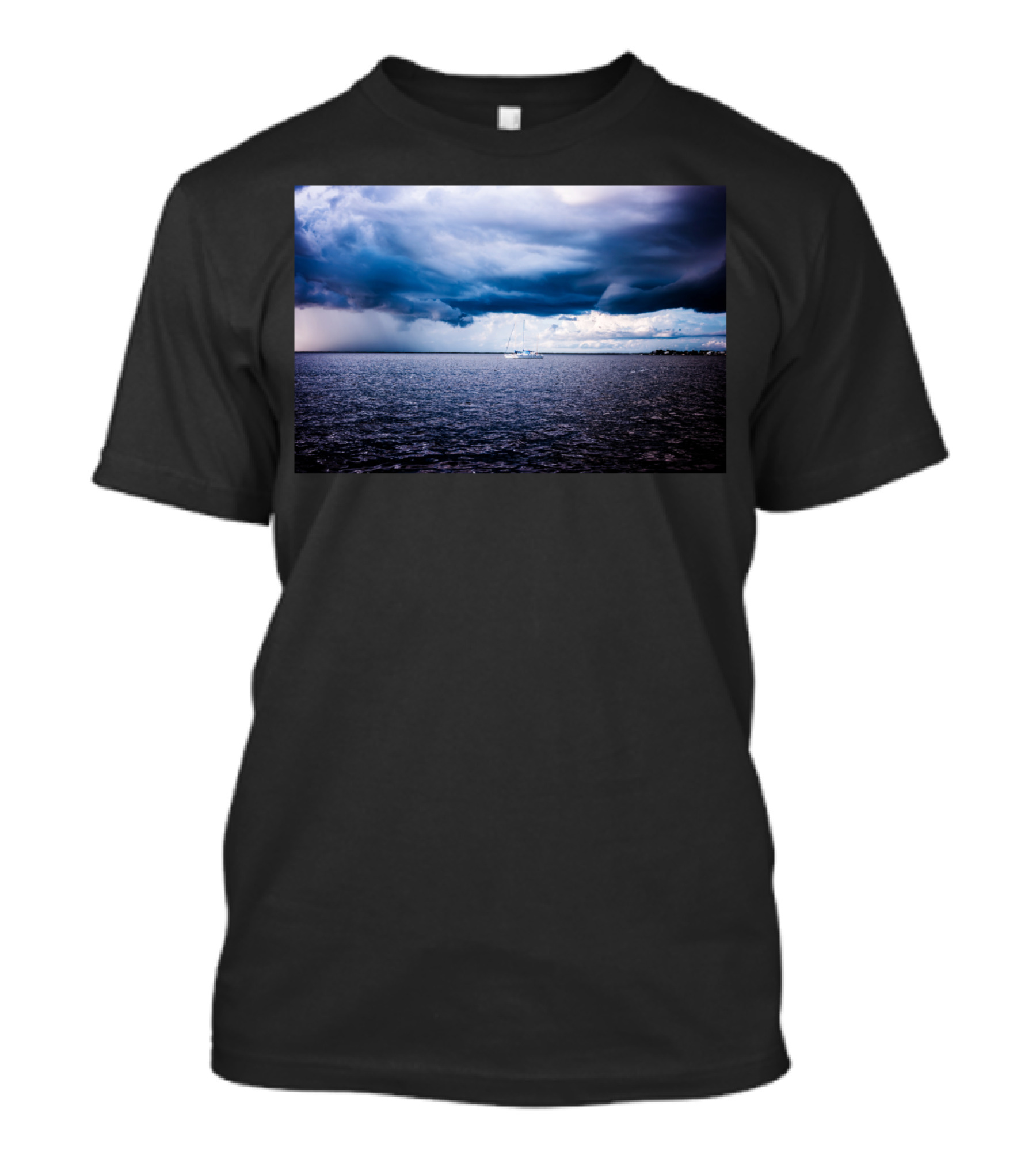 Lonely One Sailboat Under Stormy Sky On Ocean T-Shirt