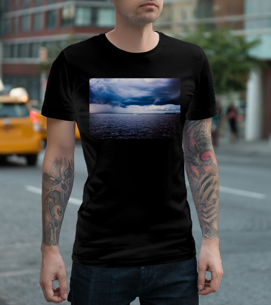Lonely One Sailboat Under Stormy Sky On Ocean T-Shirt