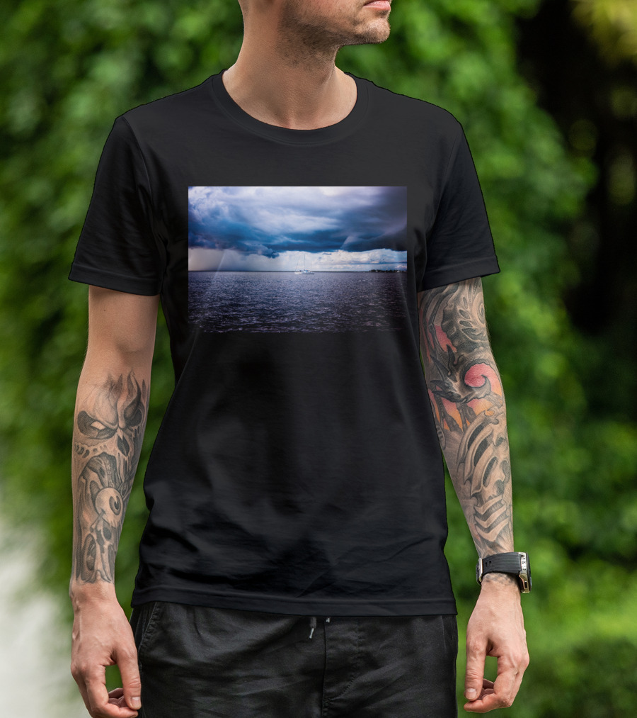 Lonely One Sailboat Under Stormy Sky On Ocean T-Shirt