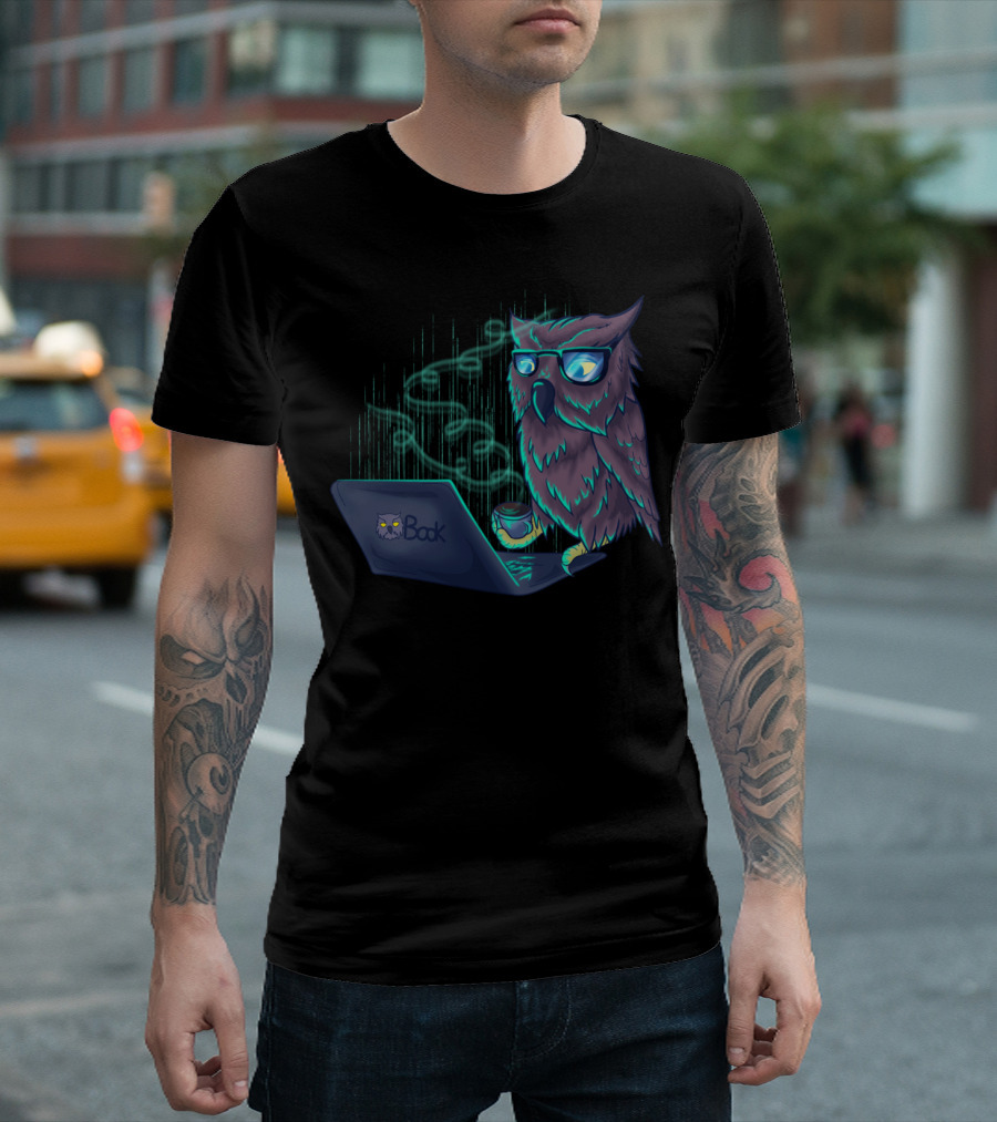 Night Owl Coffee Lover with Laptop and Book T-Shirt