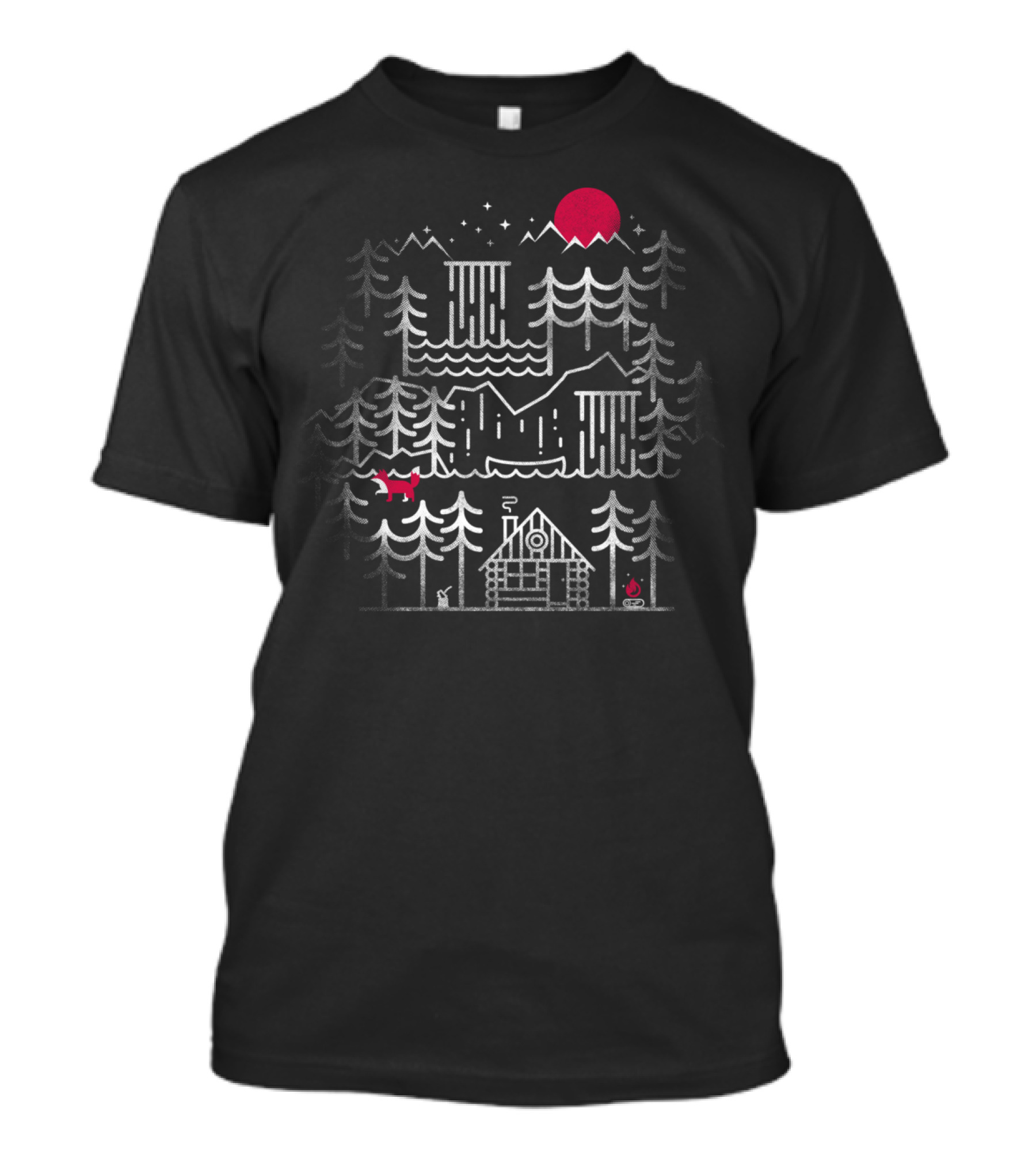Night Cabin Forest Moonlit Waterfall Retro Wilderness Scene T-Shirt