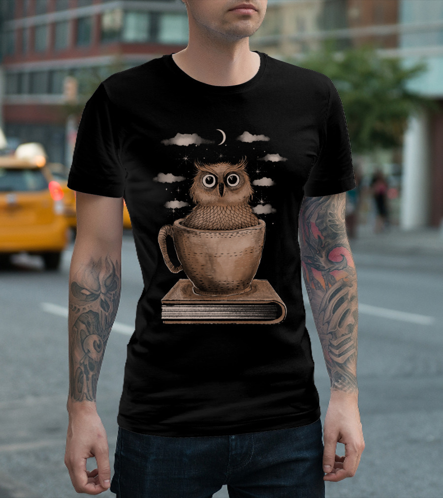 Owl Night Reader in Teacup with Moonlit Sky and Stars T-Shirt