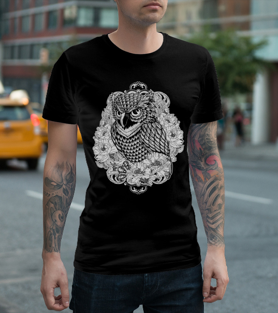 Owl Right Intricate Floral Pattern in T-Shirt
