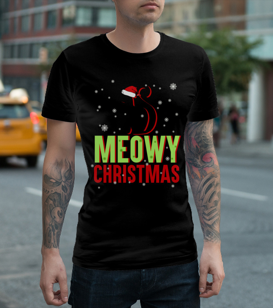 MEOWY CHRISTMAS Santa Cat Snowflakes T-Shirt