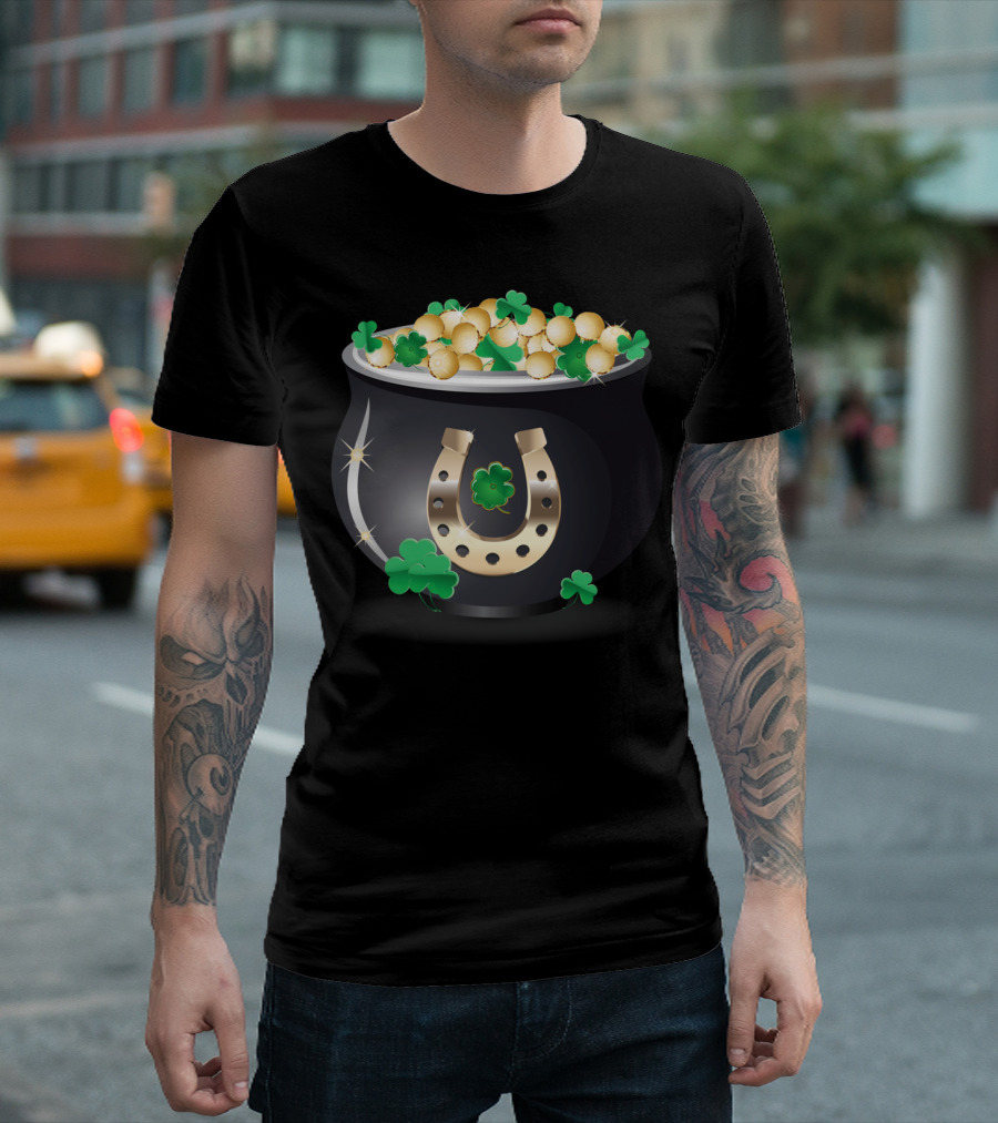 Pot Of Gold With Horseshoe And Shamrocks T-Shirt