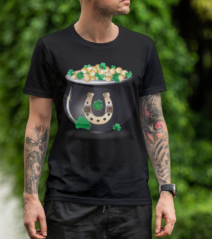 Pot Of Gold With Horseshoe And Shamrocks T-Shirt
