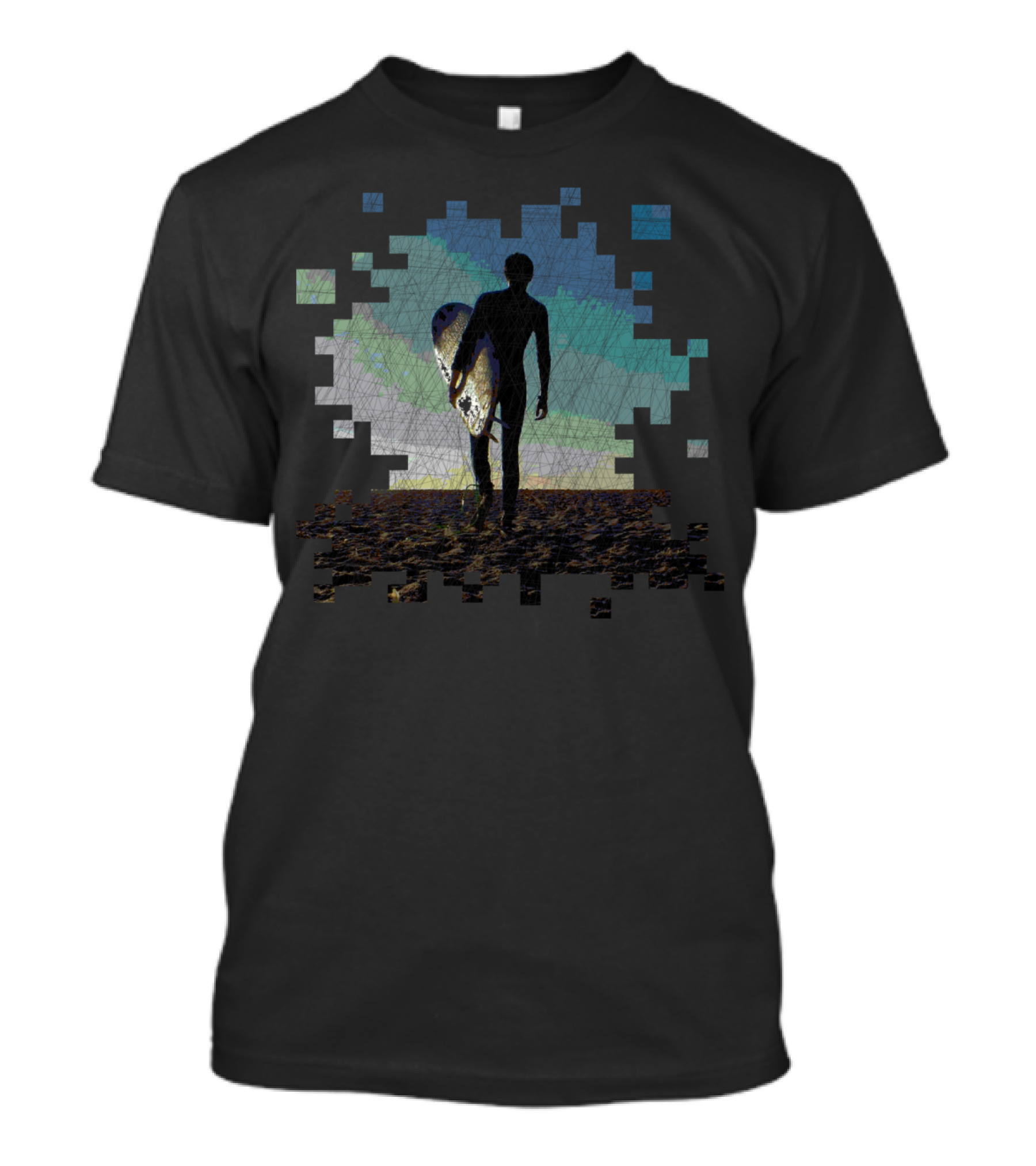 Surfer Pixelated Silhouette With Surfboard On Beach T-Shirt