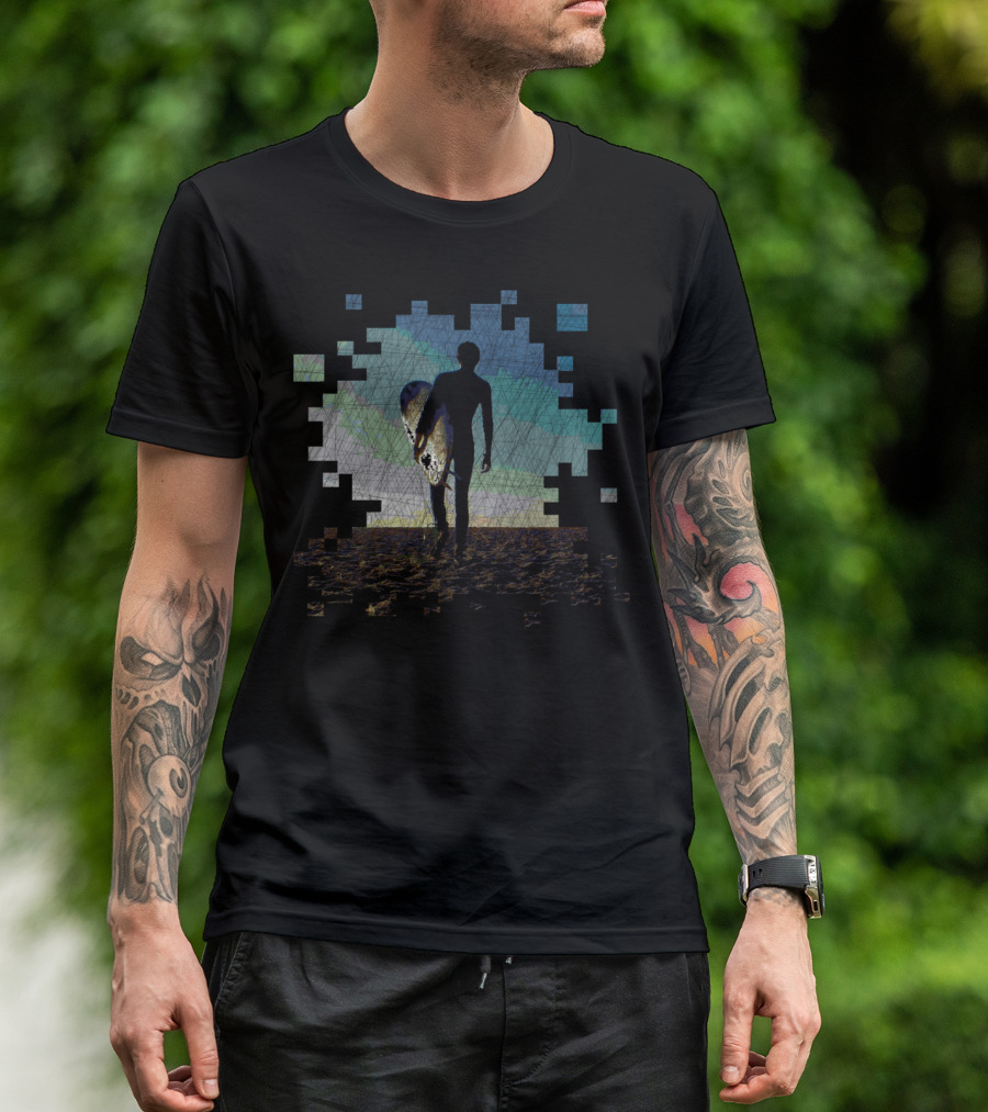 Surfer Pixelated Silhouette With Surfboard On Beach T-Shirt