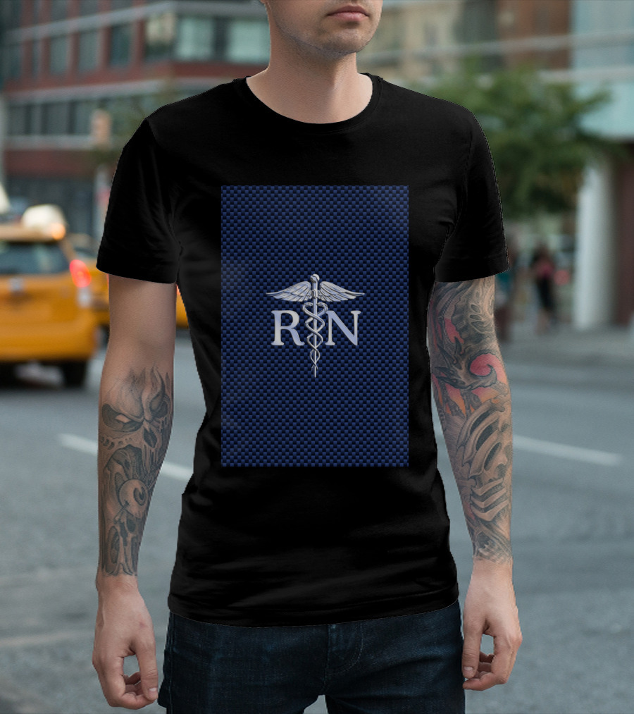 RN Caduceus Chrome Icon On Dark Blue Checkered Background T-Shirt