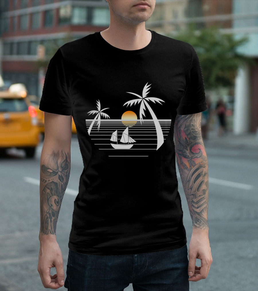 Night in the Beach Palm Trees Sunset Boat and Ocean T-Shirt