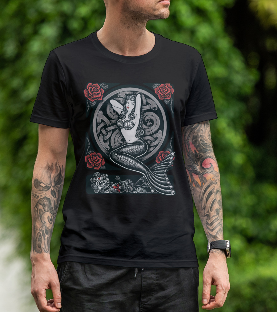 Mermaid 2 Variant Tattoo Rose And Skull T-Shirt
