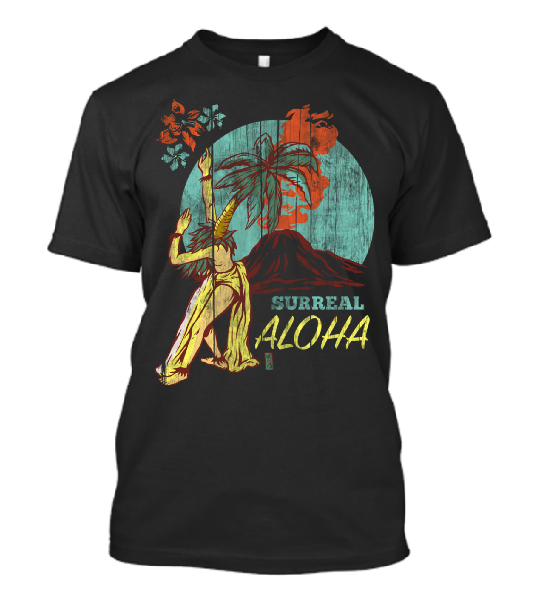 Surreal Aloha Volcano Dance Palm Tree Hibiscus T-Shirt